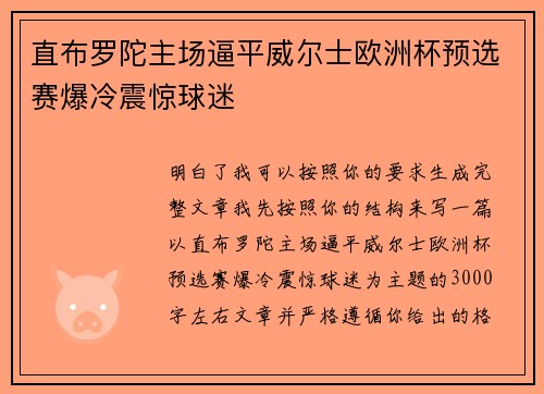 直布罗陀主场逼平威尔士欧洲杯预选赛爆冷震惊球迷